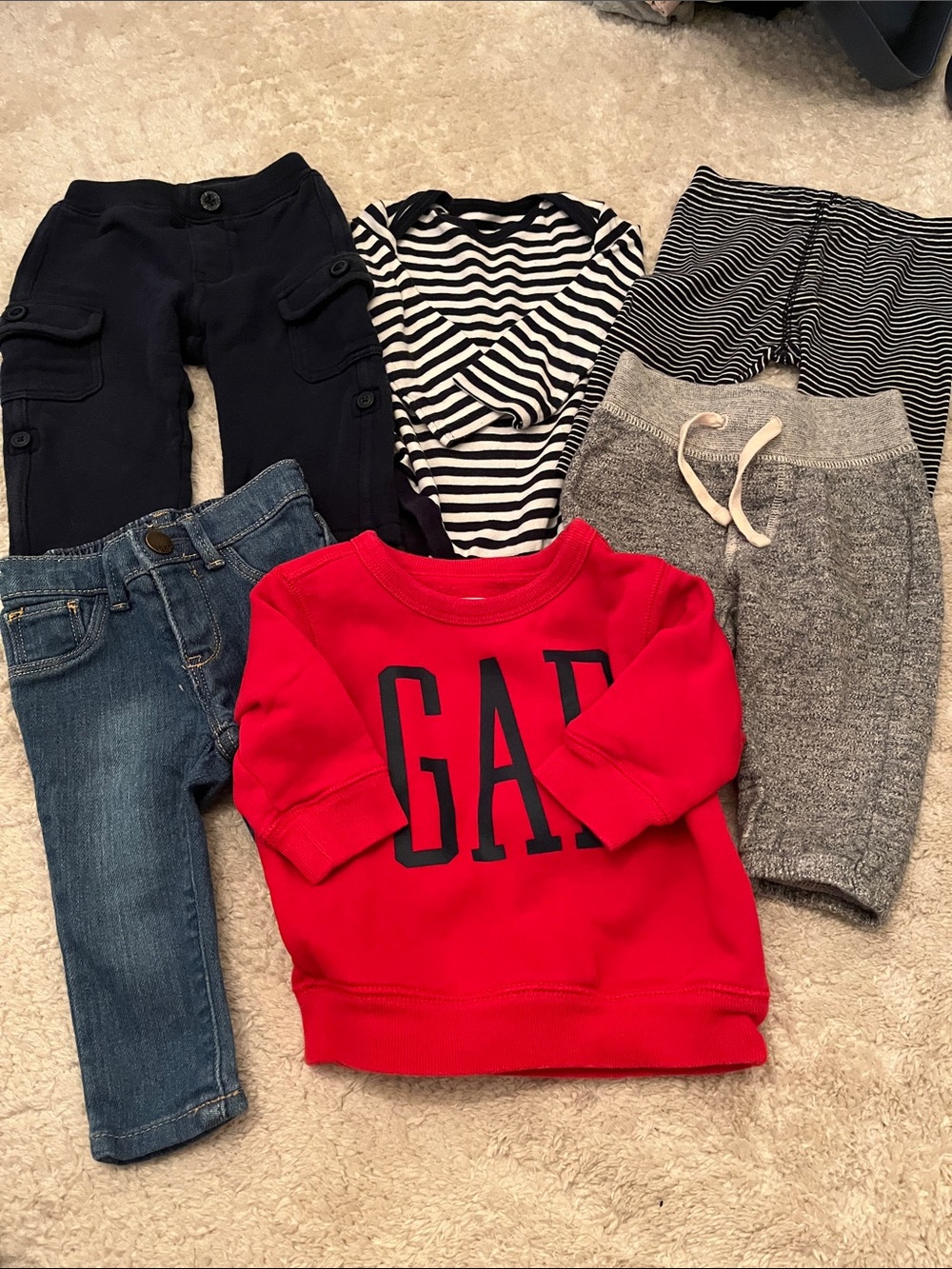 GAP Bundle Sweatshirt, Jeans, Sweatpants, Joggers and striped onesie 6-12 months